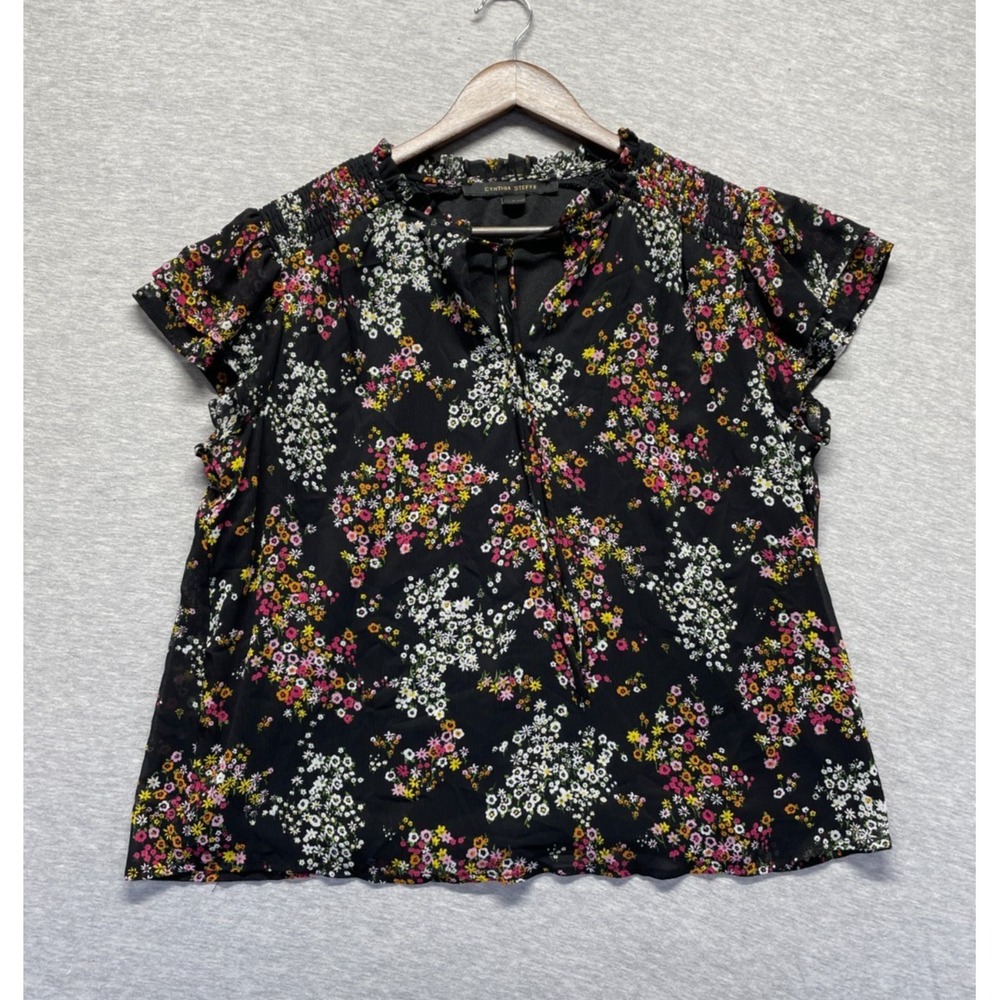 Cynthia Steffe Blouse Top Women Large Black Floral Drawstring Neck Ruffle Casual